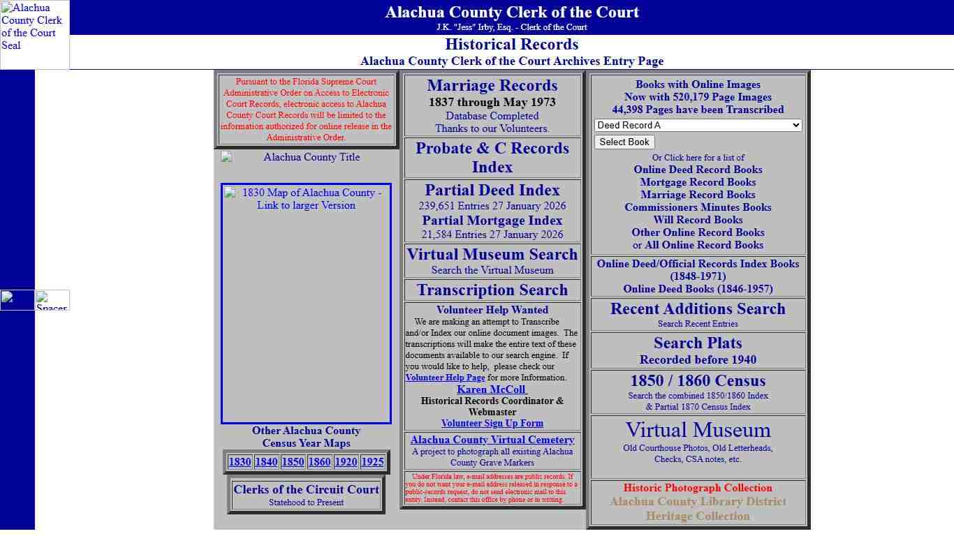 Alachua County Clerk of the Court Archives Entry Page