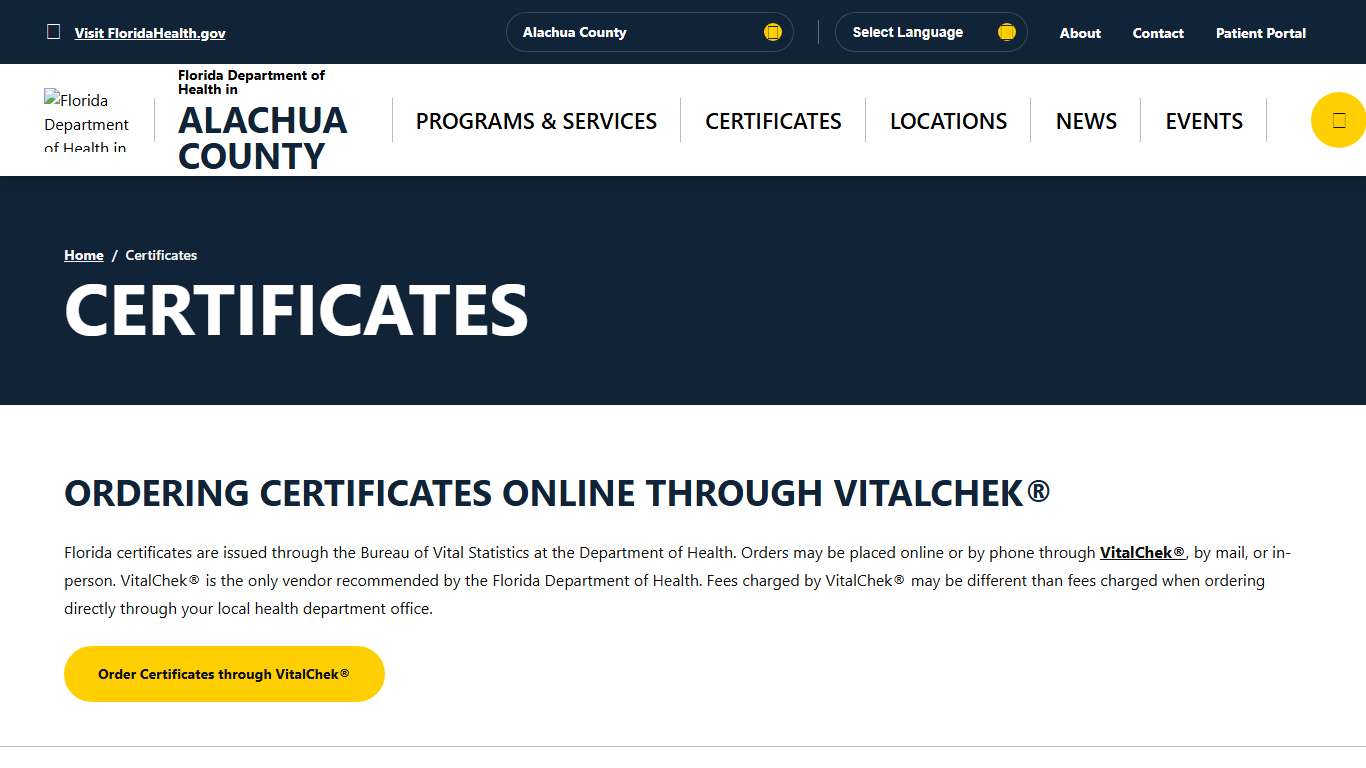 Certificates - Florida Department of Health in Alachua County