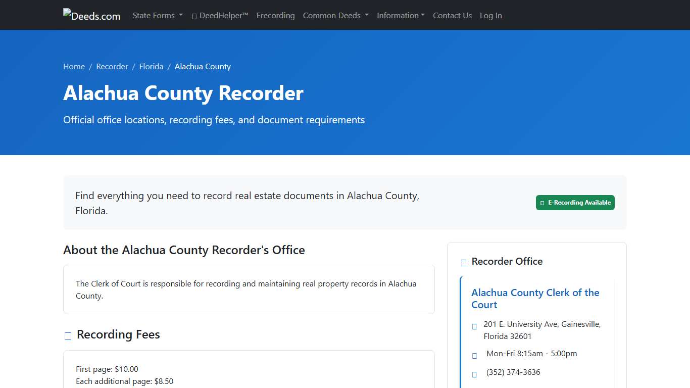 Alachua County Recorder Information, Florida - Deeds.com